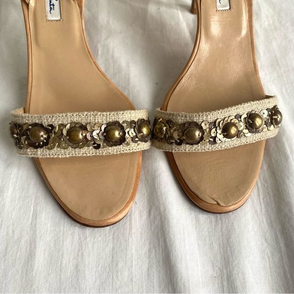 Oscar De La Renta Beaded Linen Sling Back Sandals Kitten Heels - Picture 7 of 14